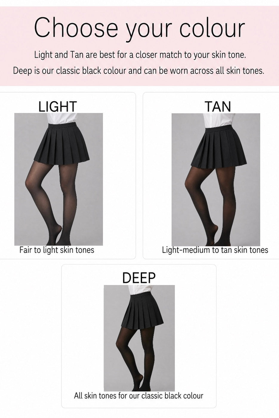 ICEX Smart Fleece Tights colour guide showing Light, Tan and Deep shades